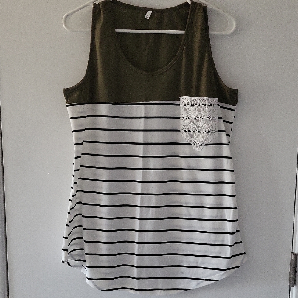 Striped Olive and White Tank Top with Lace Pocket